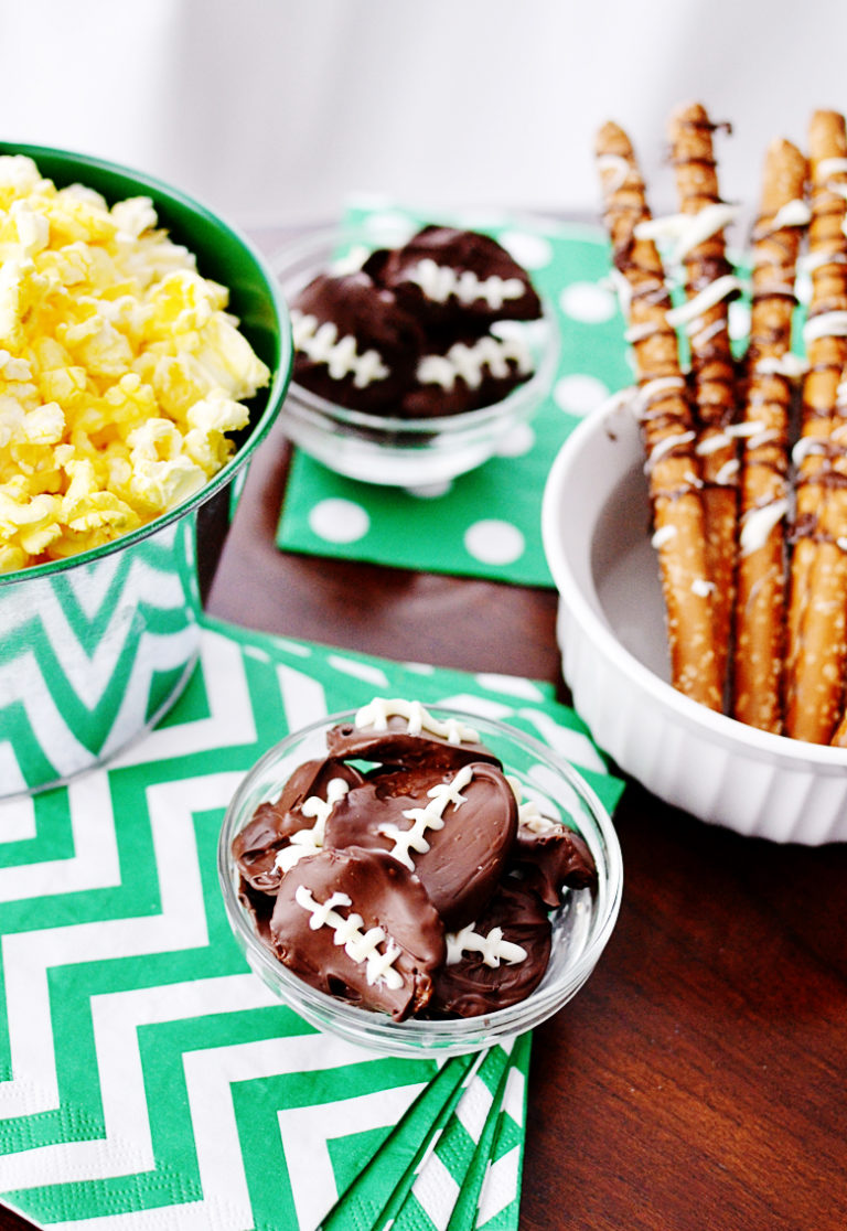 Football Party Food: Chocolate Covered Potato Chip Footballs