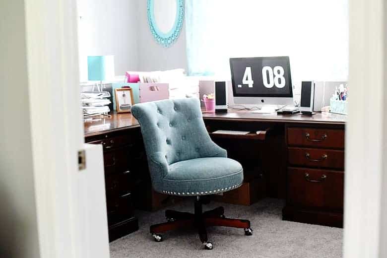 This thrifted home office was put together with many repurposed/thrifted pieces made over with spray paint and some patience and searching through Amazon.