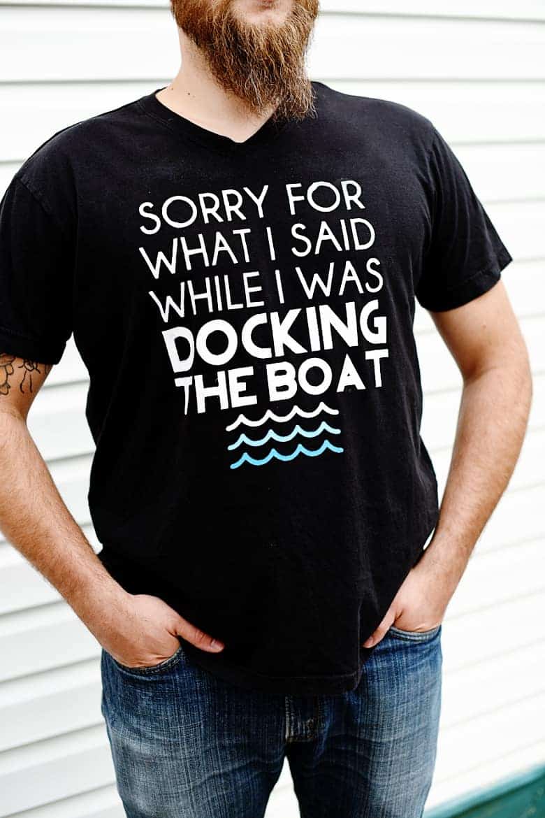 Learn how to do freezer paper stenciling to make this funny DIY boating shirt, perfect for Father's Day or your favorite Dad! This tutorial is easy to follow and includes a free download to use with a Cricut or Silhouette, or you could use an exacto knife.