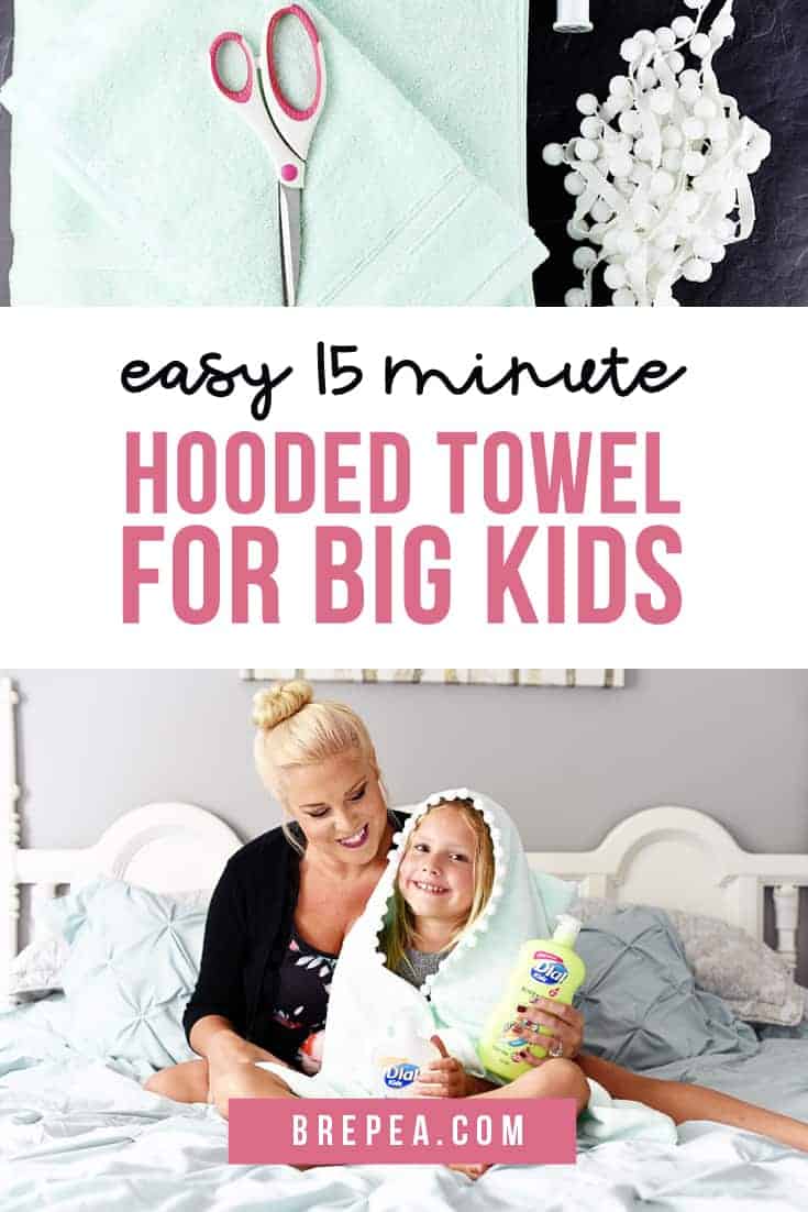 Learn how to make this easy and quick 15 minute DIY hooded towel for big kids. The pom pom trim really ups the cuteness factor!