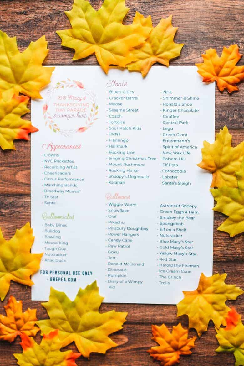 Thanksgiving Day Parade Scavenger Hunt Free Printable