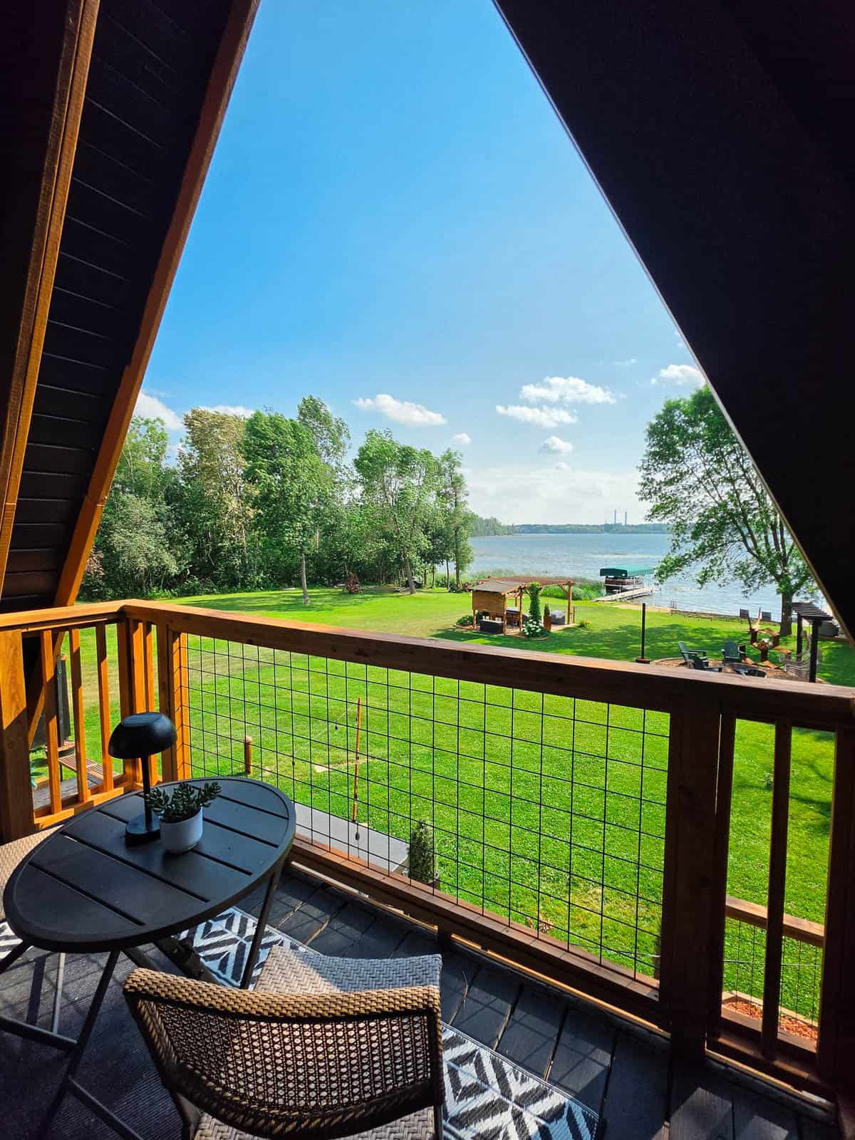 Bass Lake view from the private upstairs balcony of the A-frame cabin